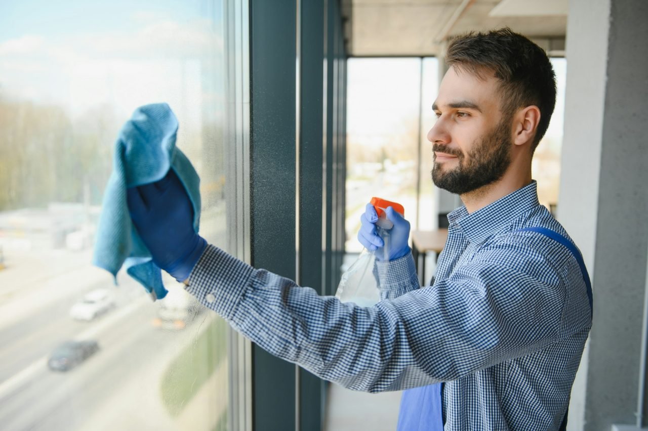 Hombre limpiando ventanas